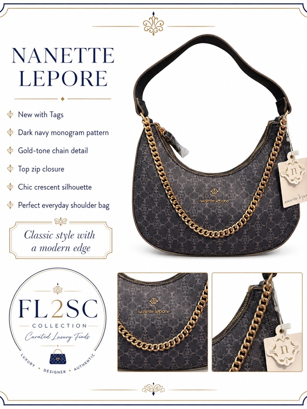 Nanette Lepore NWT Black Patterned Hobo with Gold Chain - Picture 3 of 3